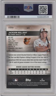 Jackson Holliday from the 2024 Topps Stadium Club set featuring a Refractor parallel graded by PSA and given an overall grade of 8.