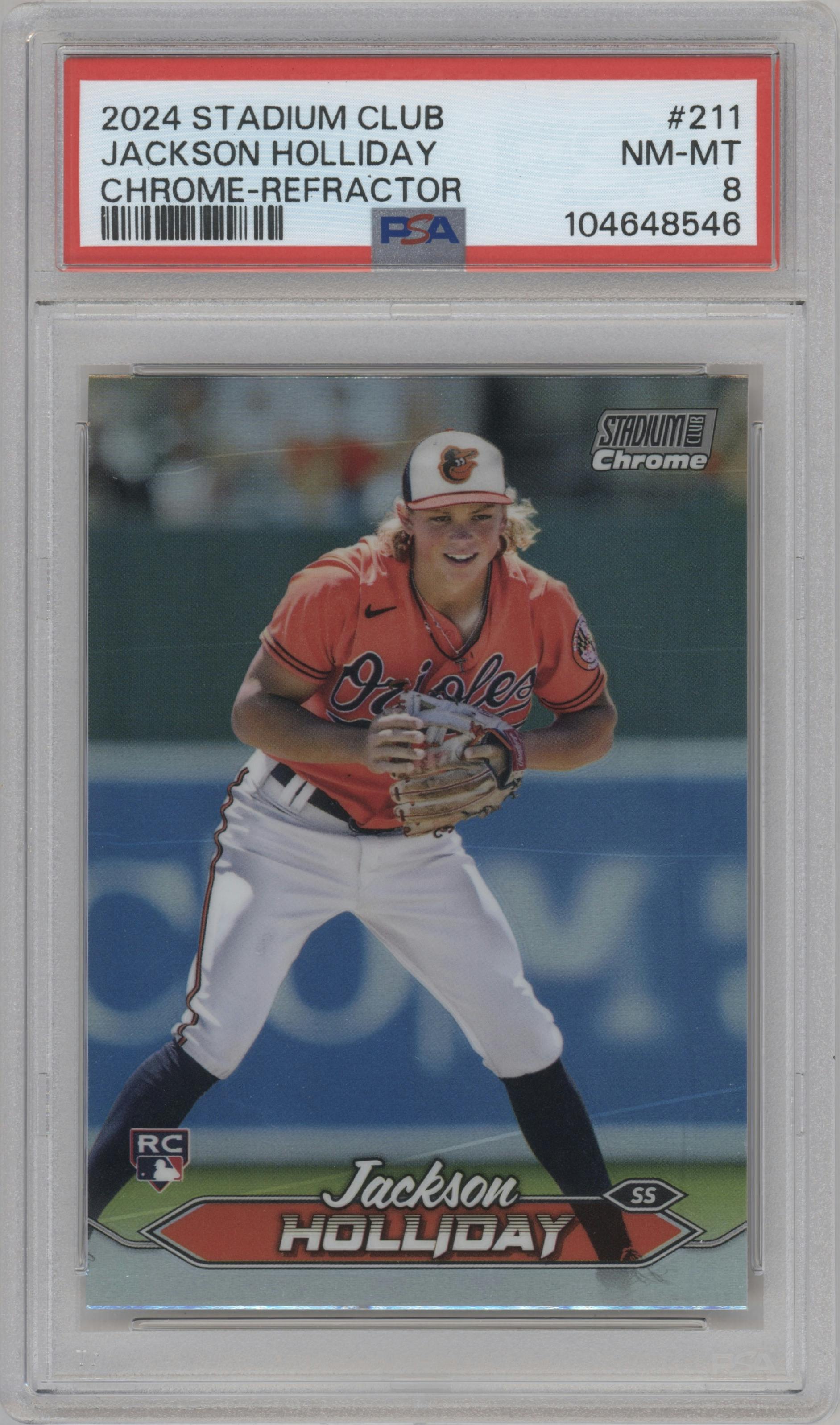 Jackson Holliday from the 2024 Topps Stadium Club set featuring a Refractor parallel graded by PSA and given an overall grade of 8.