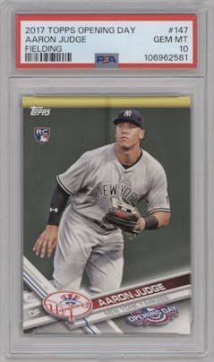 Aaron Judge from the 2017 Topps Opening Day set graded by PSA and given an overall grade of 10.