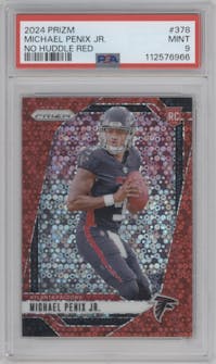Michael Penix Jr. from the 2024 Panini Prizm set featuring a No Huddle Red Prizms parallel graded by PSA and given an overall grade of 9.