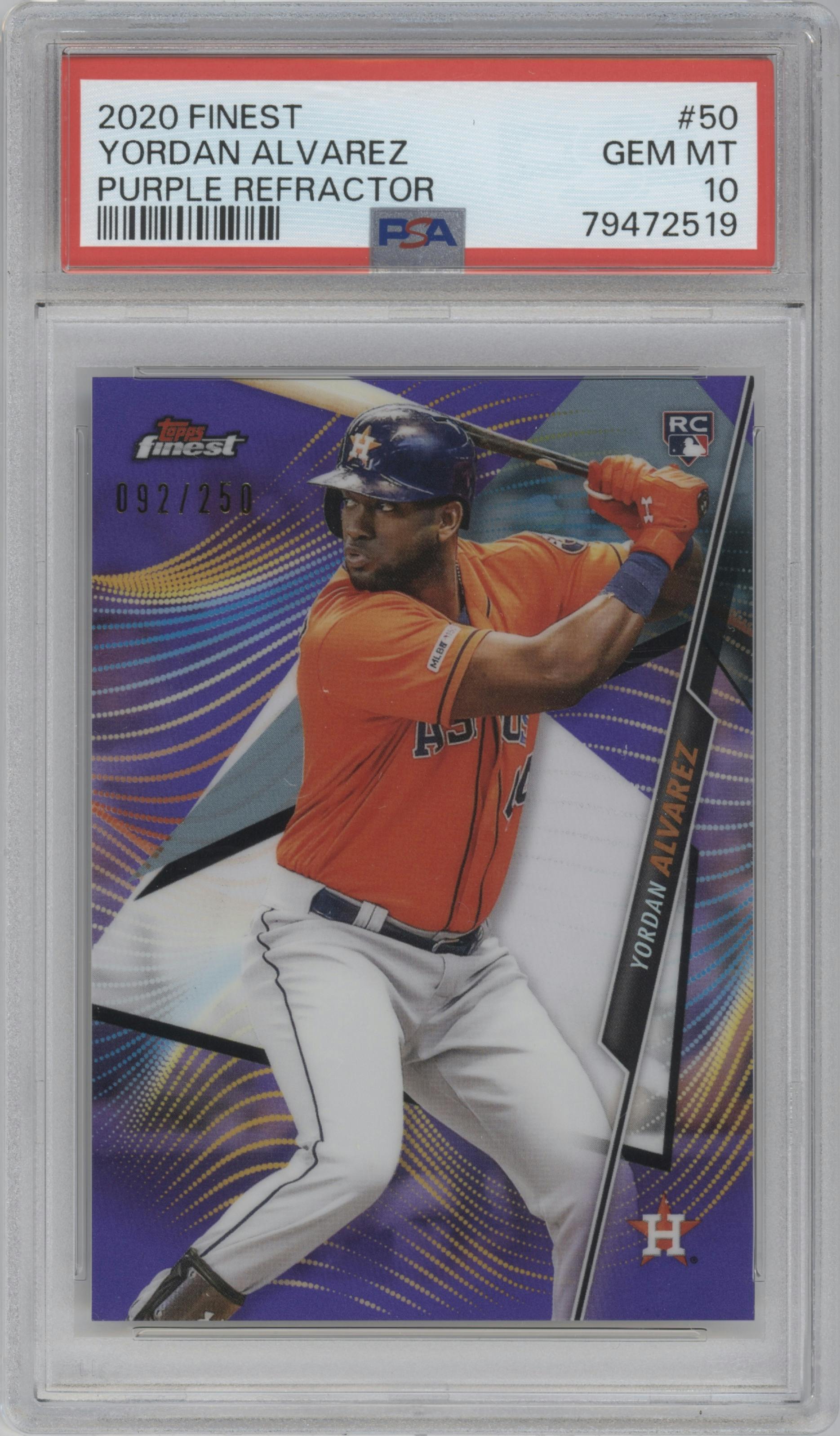 Yordan Alvarez from the 2020 Topps Finest set featuring a Purple Refractor parallel graded by PSA and given an overall grade of 10.