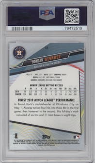 Yordan Alvarez from the 2020 Topps Finest set featuring a Purple Refractor parallel graded by PSA and given an overall grade of 10.