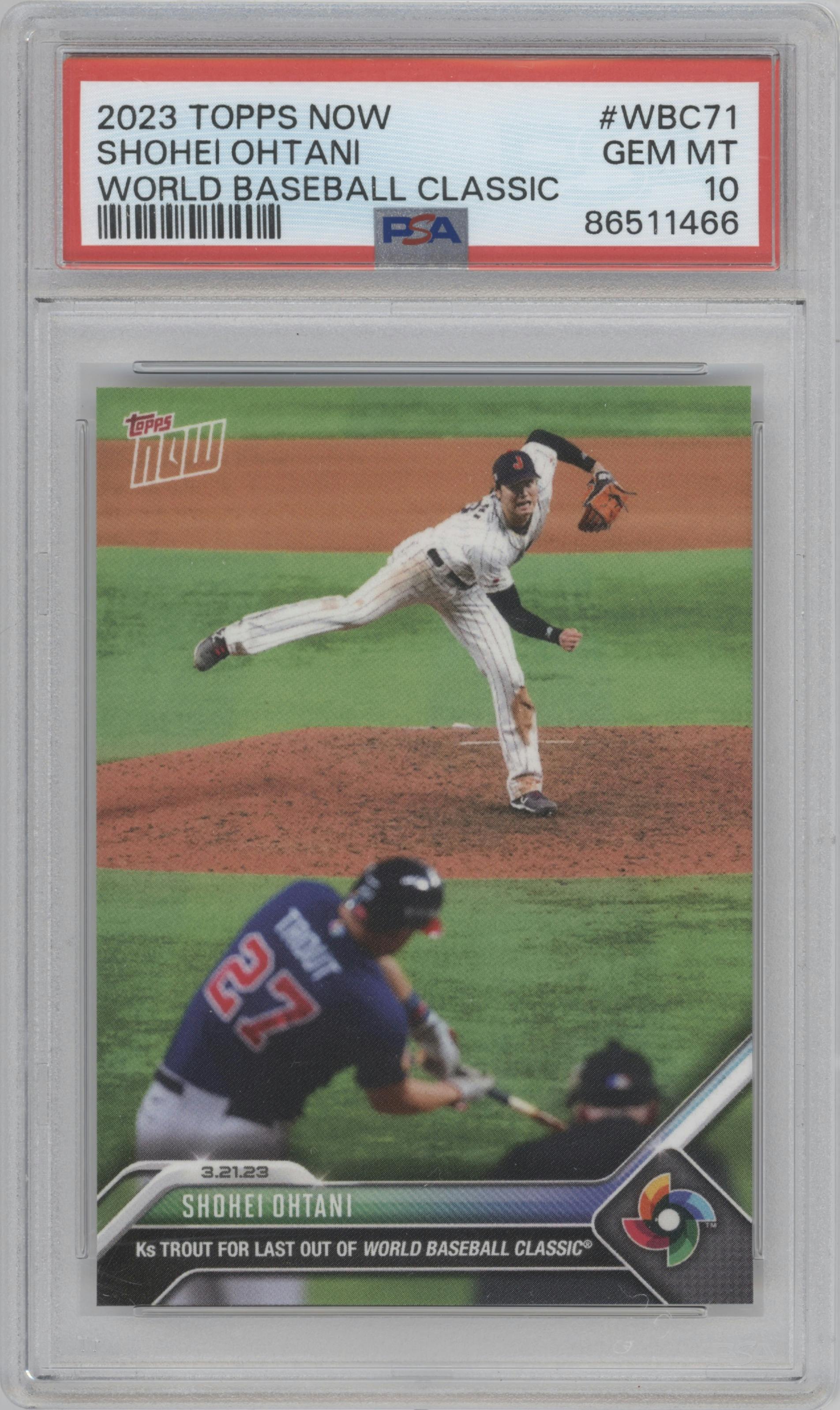 Shohei Ohtani from the 2023 Topps Now World Baseball Classic set graded by PSA and given an overall grade of 10.
