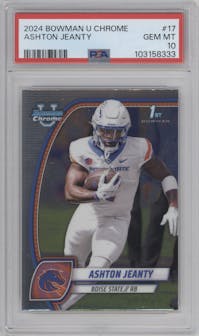 Ashton Jeanty from the 2024 Bowman University Chrome set graded by PSA and given an overall grade of 10.