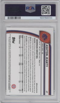 Ashton Jeanty from the 2024 Bowman University Chrome set graded by PSA and given an overall grade of 10.