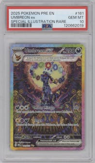 Umbreon ex from the 2025 Pokemon SV set graded by PSA and given an overall grade of 10.