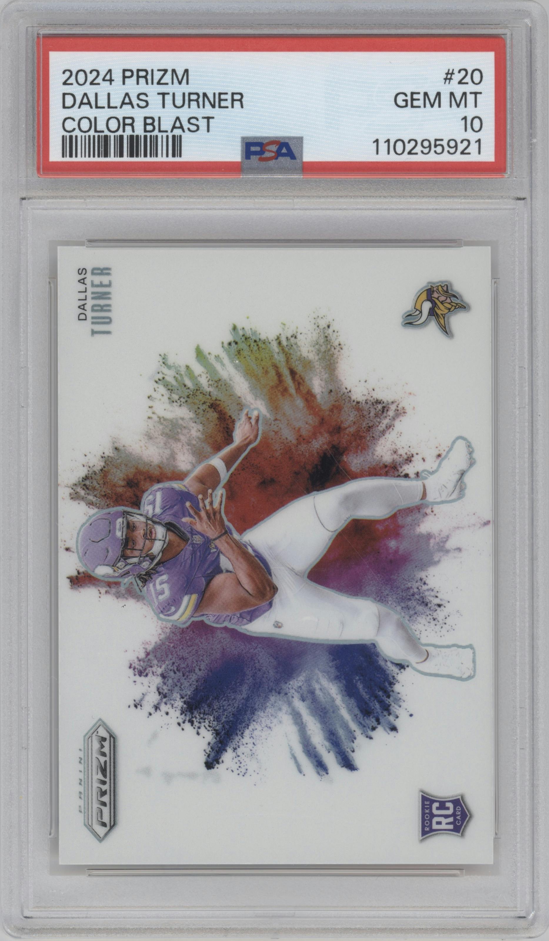 Dallas Turner from the 2024 Panini Prizm set graded by PSA and given an overall grade of 10.