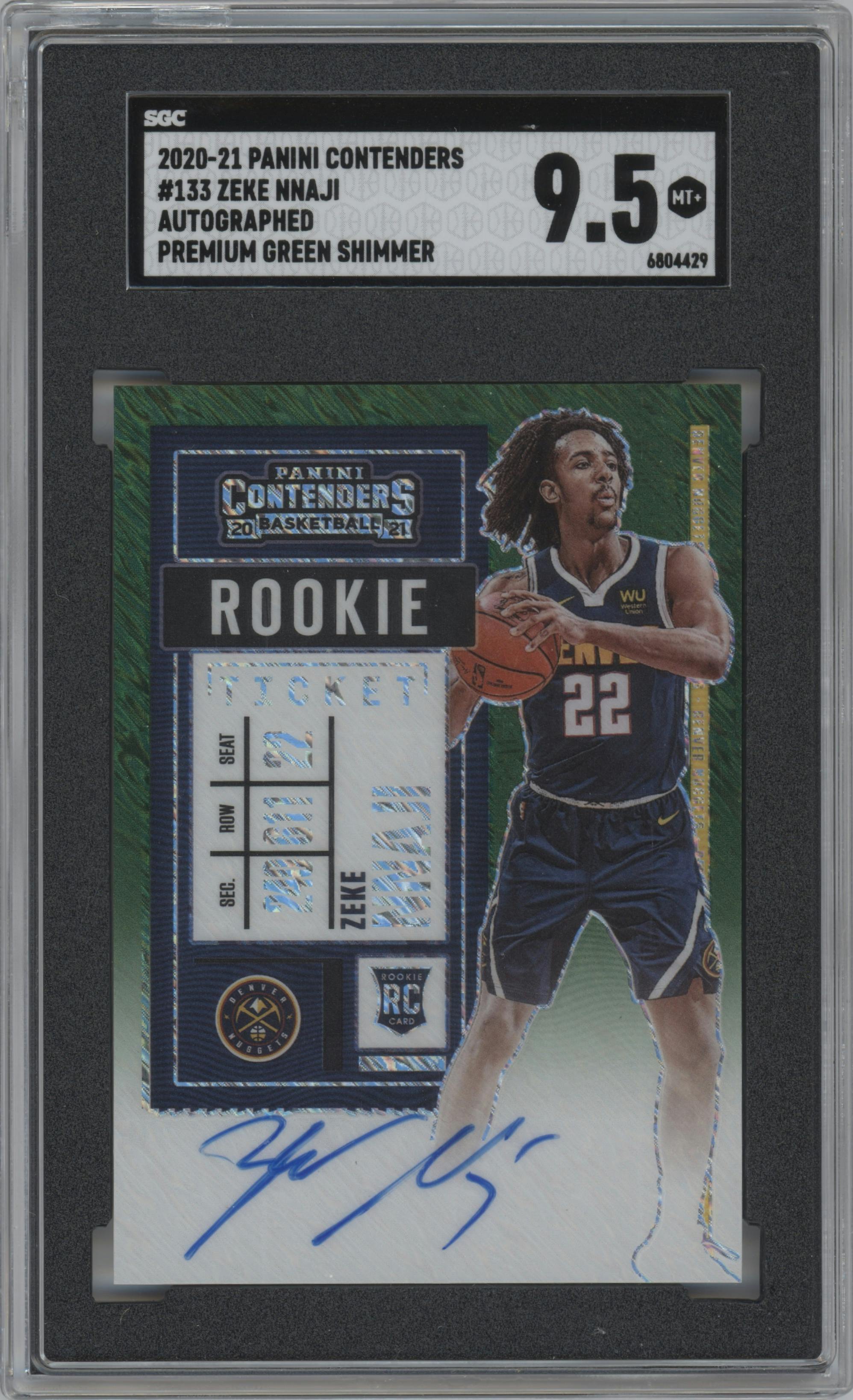 Zeke Nnaji from the 2020-21 Panini Contenders set featuring a Green Shimmer Ticket  parallel graded by SGC and given an overall grade of 9.5.