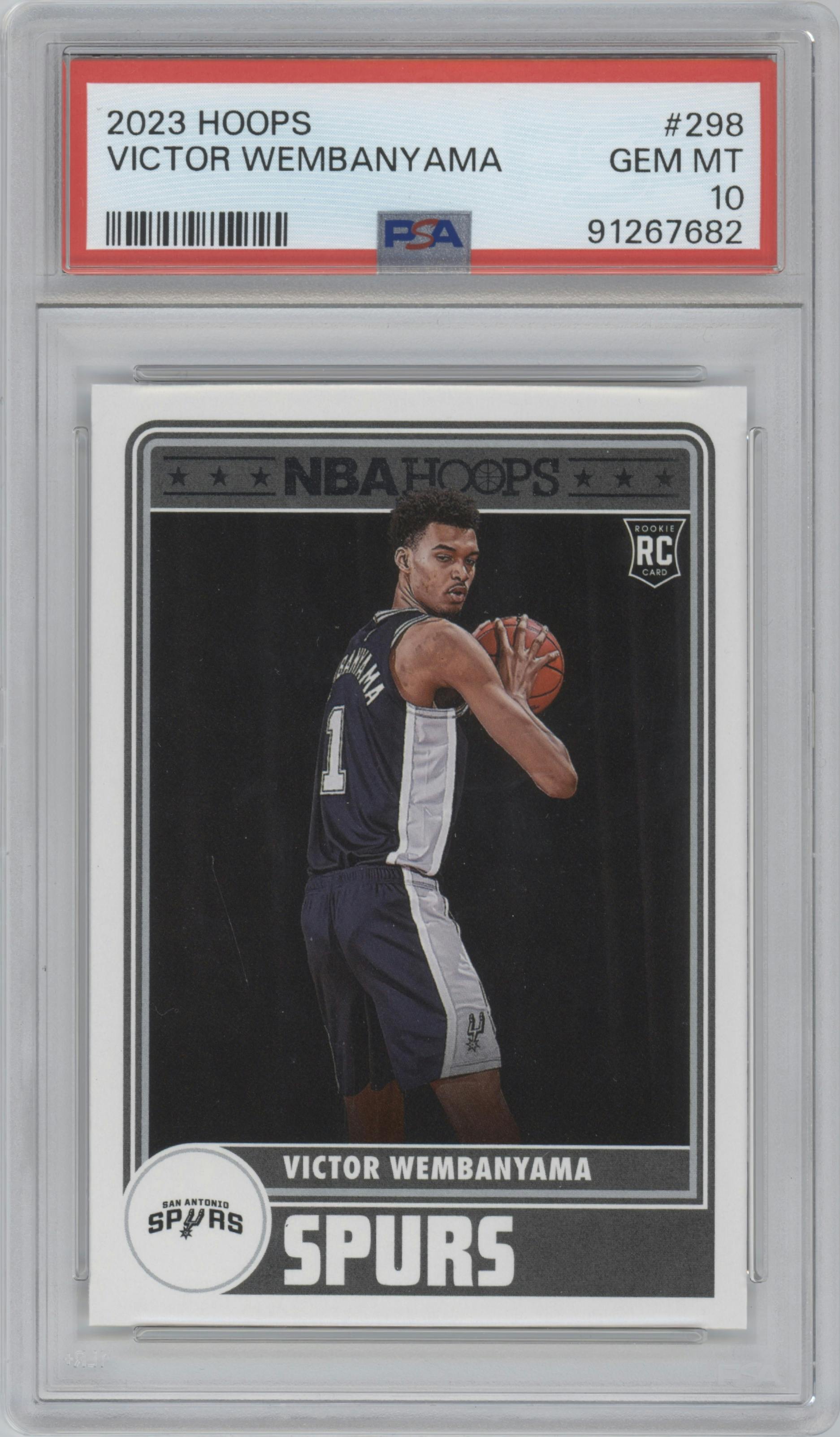 Victor Wembanyama from the 2023-24 Panini NBA Hoops set graded by PSA and given an overall grade of 10.