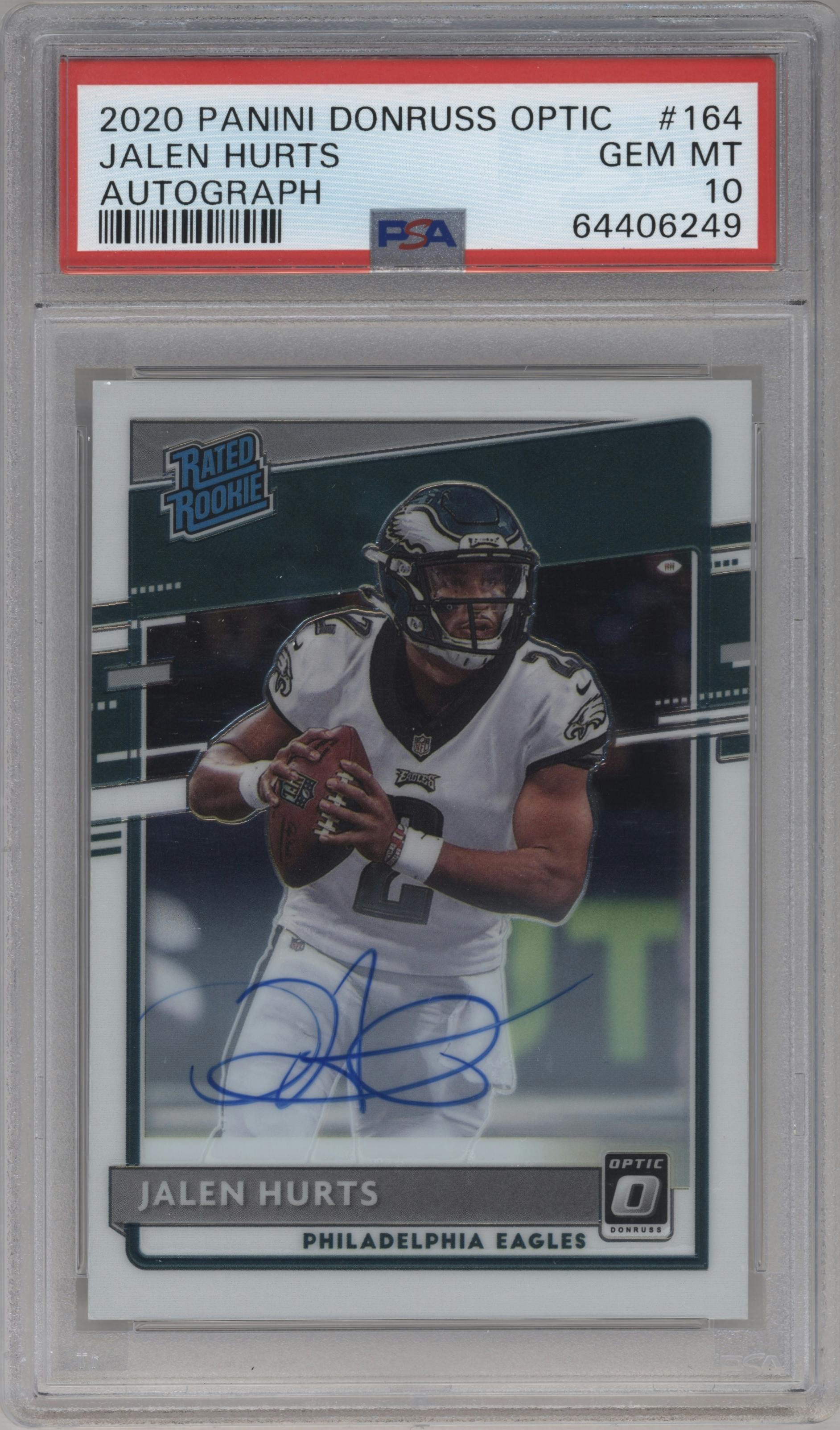 Jalen Hurts from the 2020 Panini Donruss Optic set graded by PSA and given an overall grade of 10.