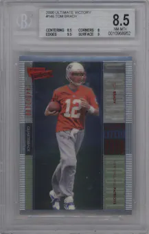Tom Brady from the 2000 Upper Deck Ultimate Victory set graded by Beckett and given an overall grade of 8.5.