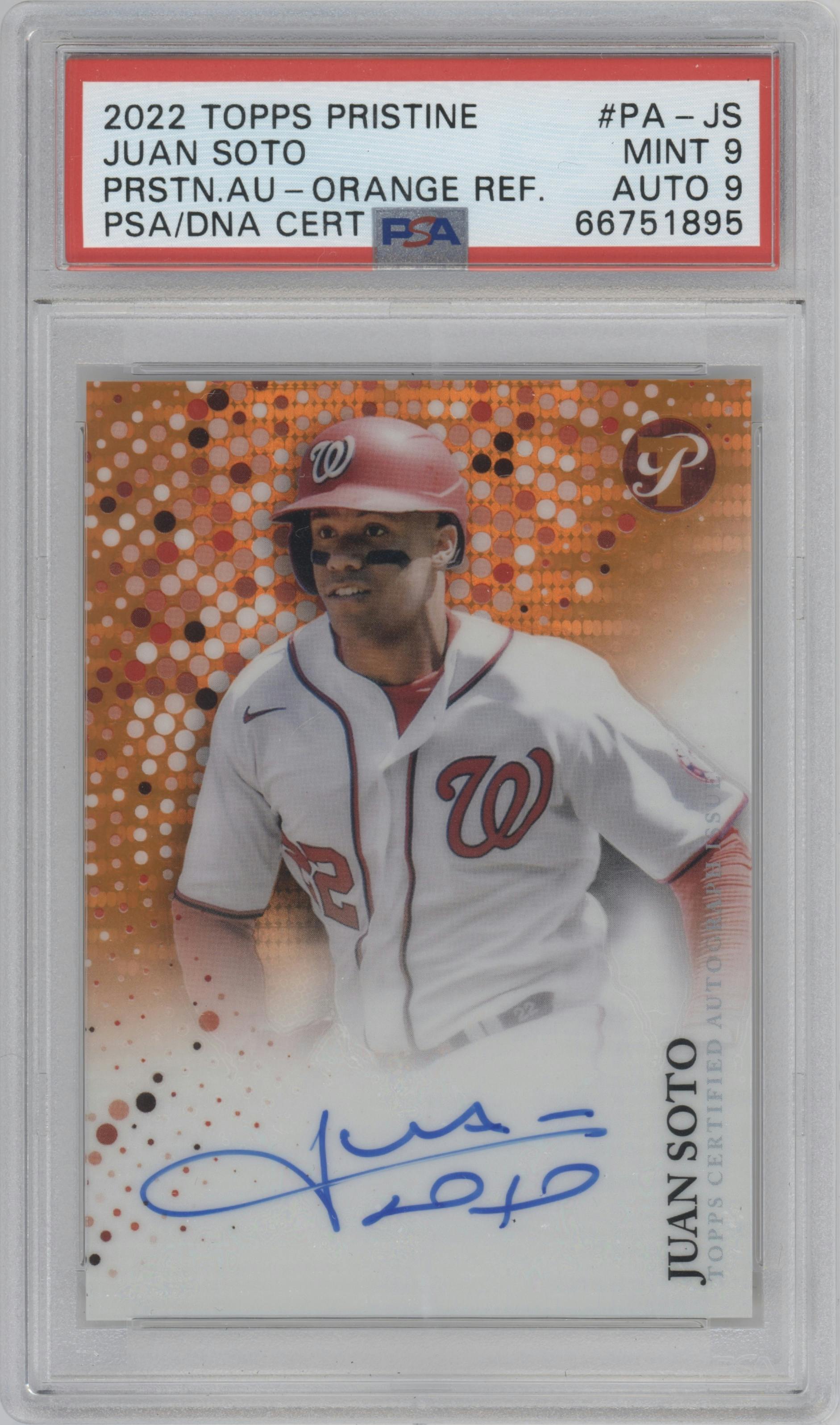 Juan Soto from the 2022 Topps Pristine set featuring a Orange Refractor parallel graded by PSA and given an overall grade of 9.