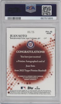 Juan Soto from the 2022 Topps Pristine set featuring a Orange Refractor parallel graded by PSA and given an overall grade of 9.
