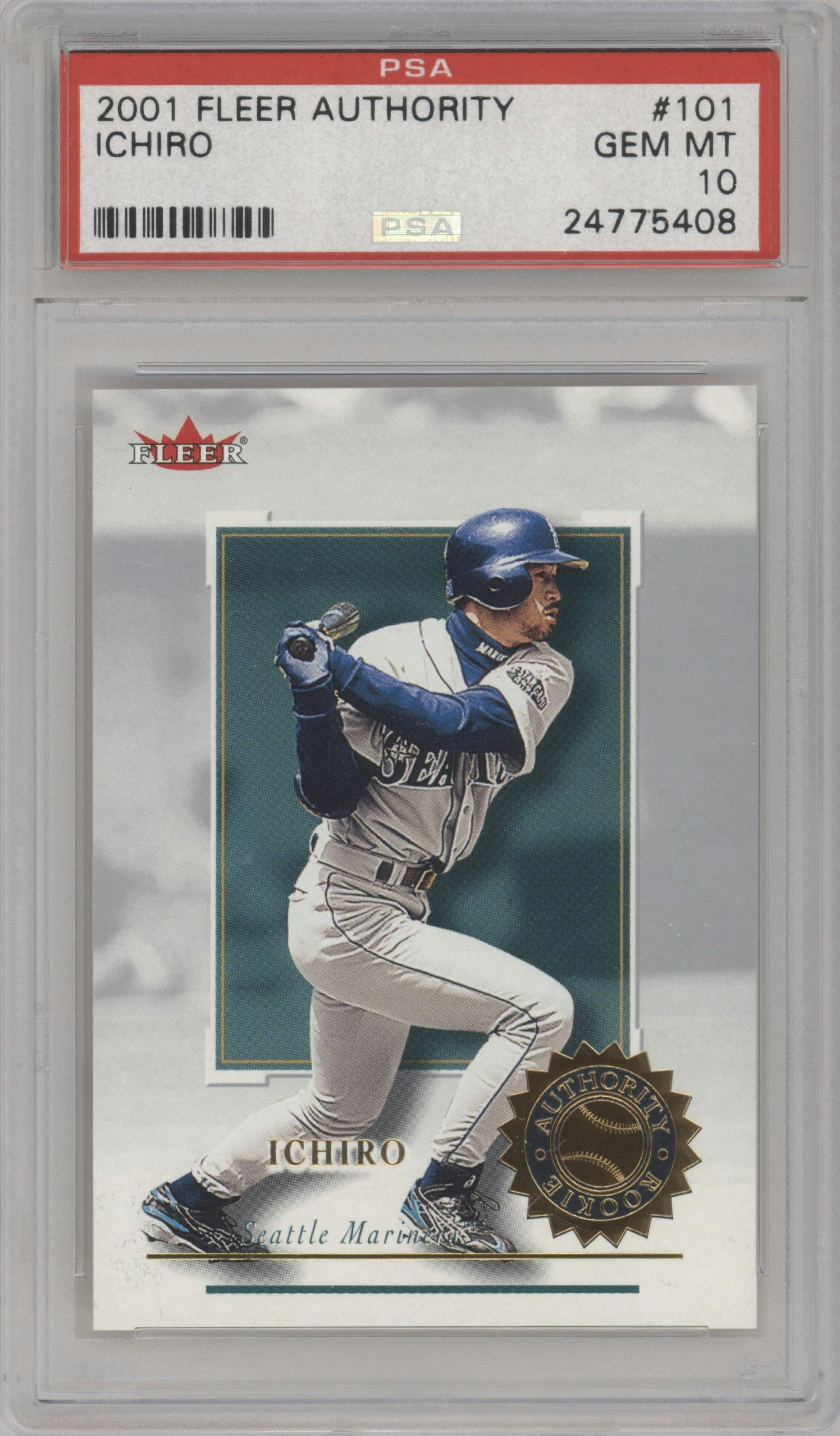 Ichiro from the 2001 Fleer Authority set graded by PSA and given an overall grade of 10.