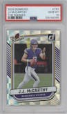 J.J. McCarthy  from the 2024 Donruss set graded by PSA and given an overall grade of 10.