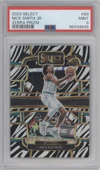 Nick Smith Jr.  from the 2023-24 Panini Select  set featuring a Zebra parallel graded by PSA and given an overall grade of 9.