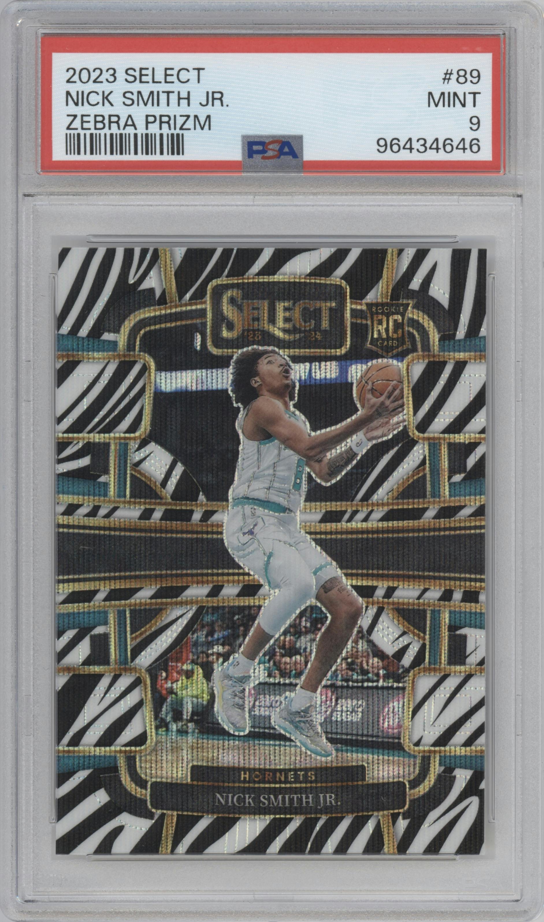Nick Smith Jr.  from the 2023-24 Panini Select  set featuring a Zebra parallel graded by PSA and given an overall grade of 9.