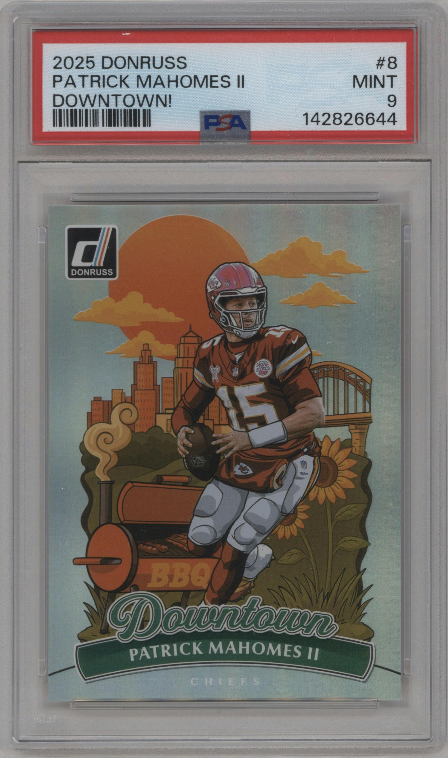 Patrick Mahomes II from the 2025 Panini Donruss set graded by PSA and given an overall grade of 9.