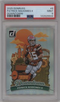 Patrick Mahomes II from the 2025 Panini Donruss set graded by PSA and given an overall grade of 9.