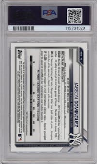 Jasson Dominguez from the 2021 Bowman Draft set graded by PSA and given an overall grade of 8.