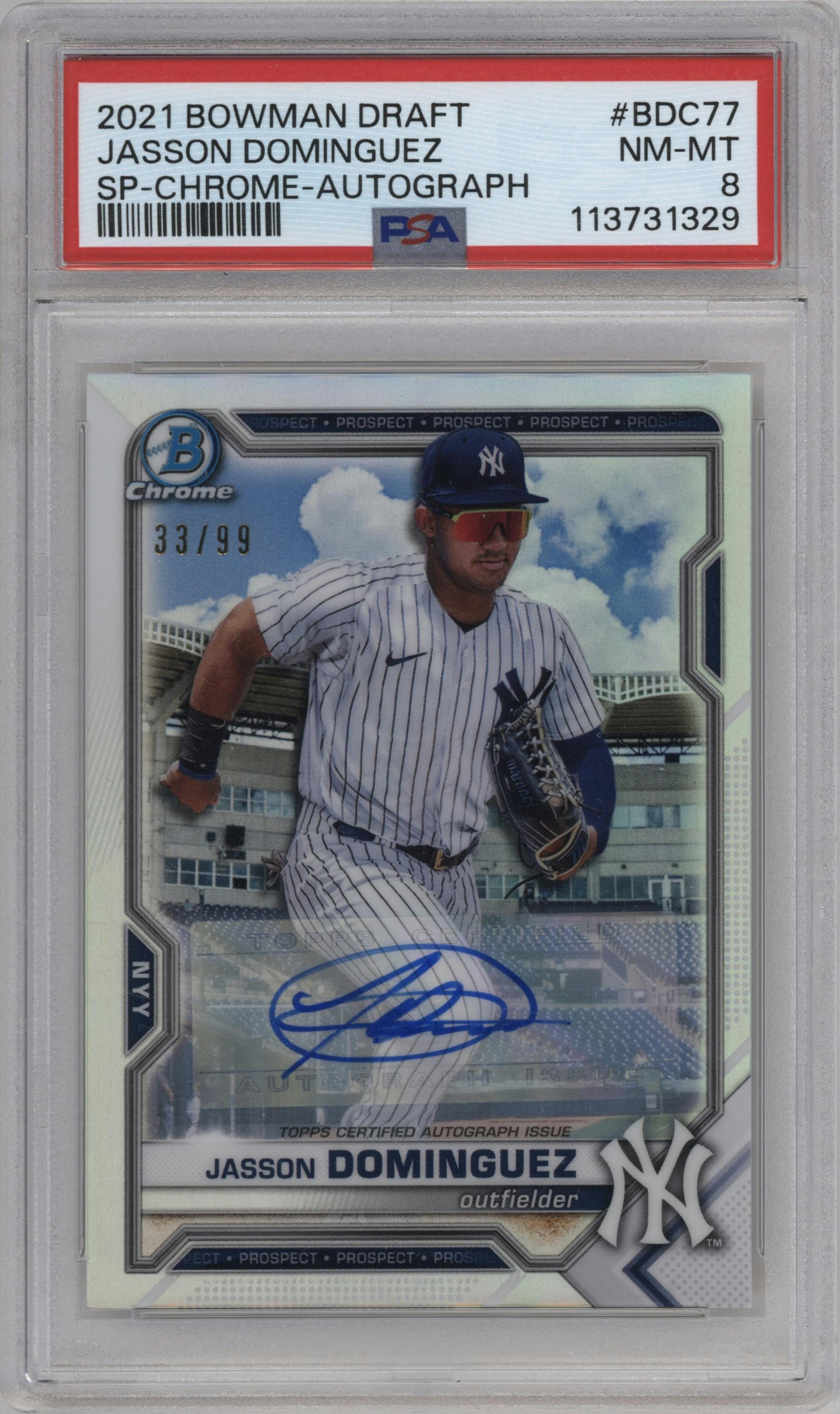 Jasson Dominguez from the 2021 Bowman Draft set graded by PSA and given an overall grade of 8.