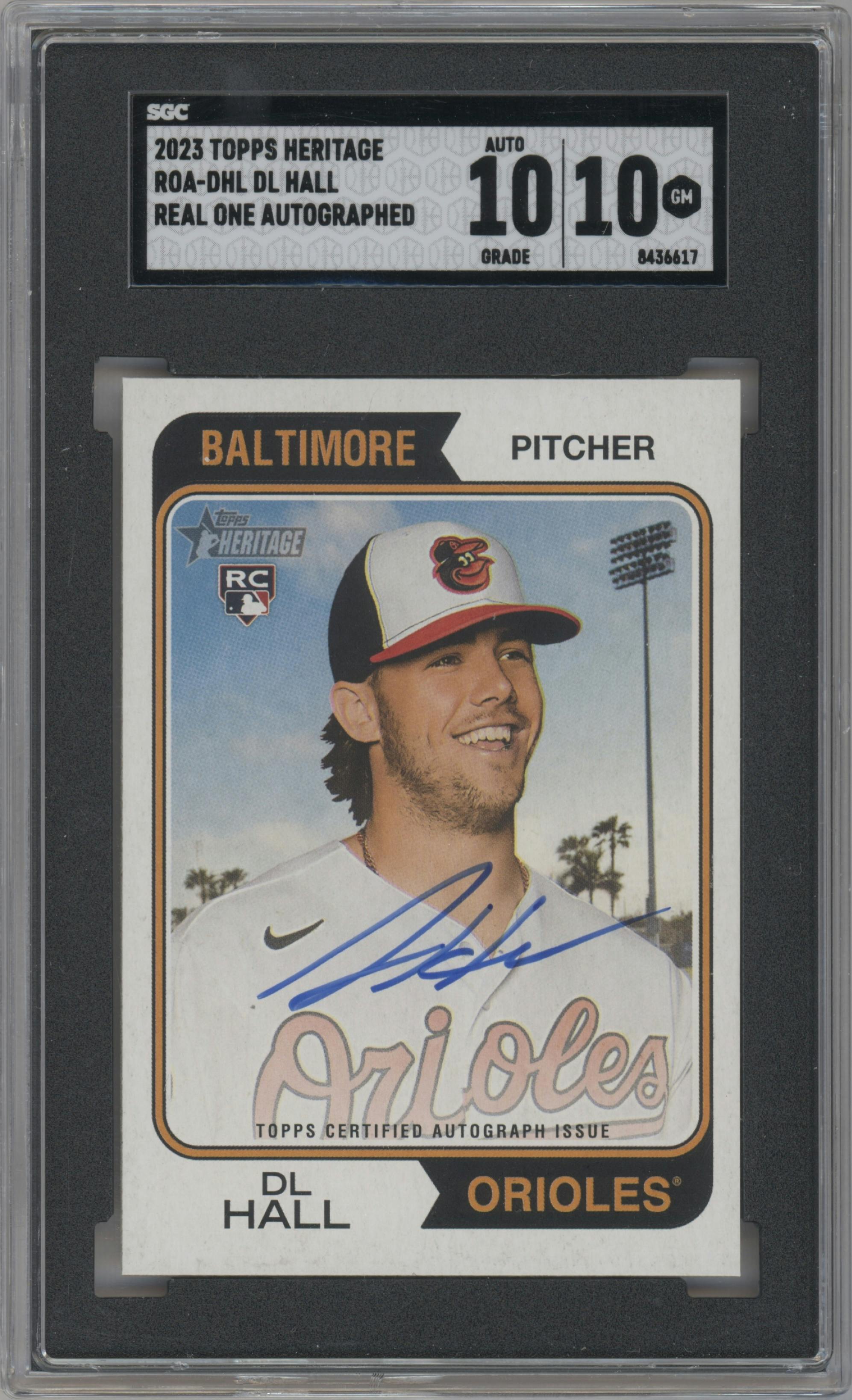 DL Hall from the 2023 Topps Heritage set graded by SGC and given an overall grade of 10.