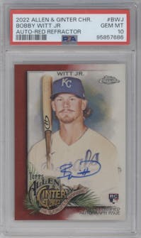 Bobby Witt Jr. from the 2022 Topps Allen & Ginter Chrome set featuring a Red Refractor parallel graded by PSA and given an overall grade of 10.