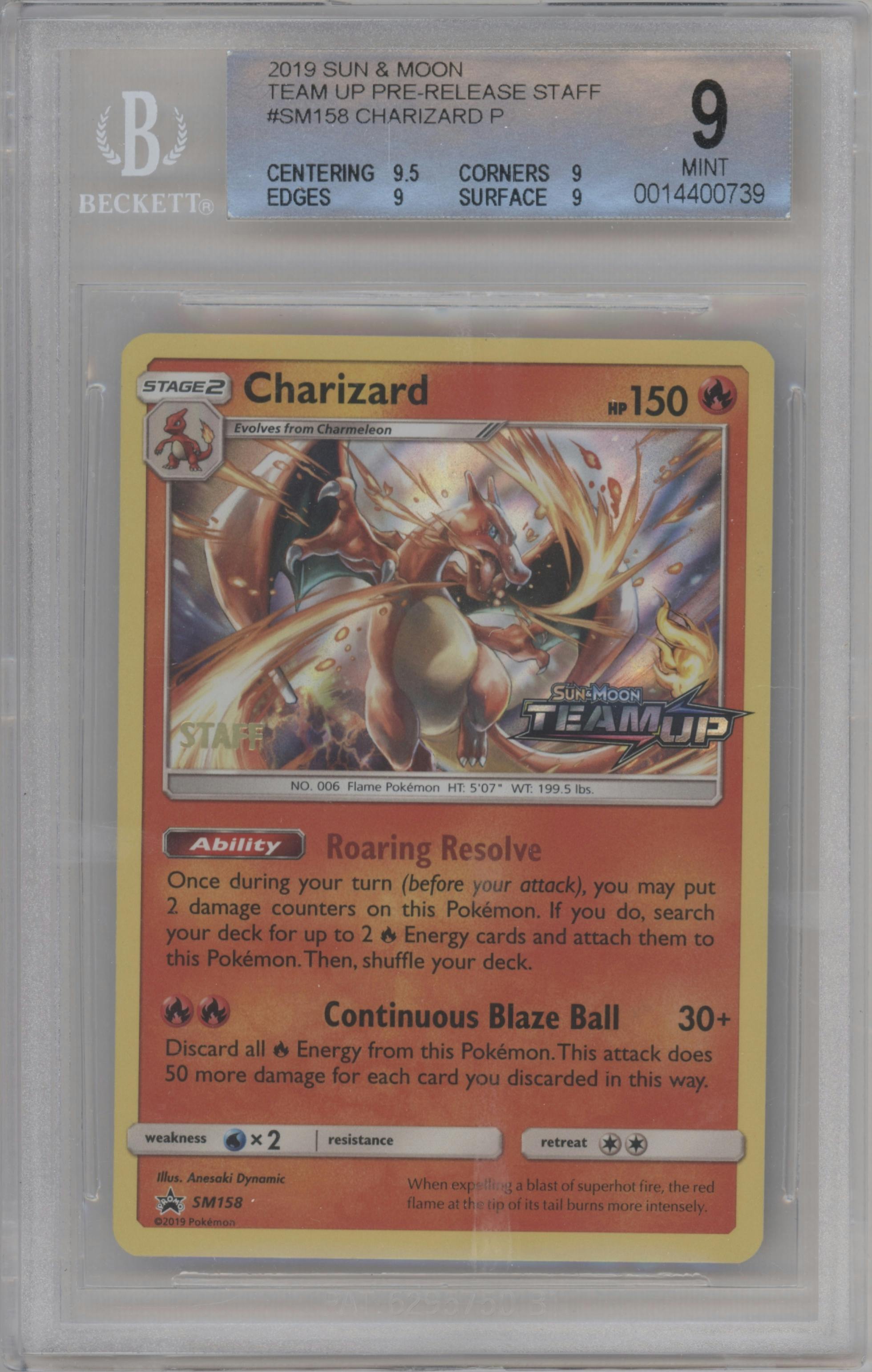 Charizard from the 2019 Pokemon S&M  set featuring a Team Up Pre-release promo parallel graded by Beckett and given an overall grade of 9.