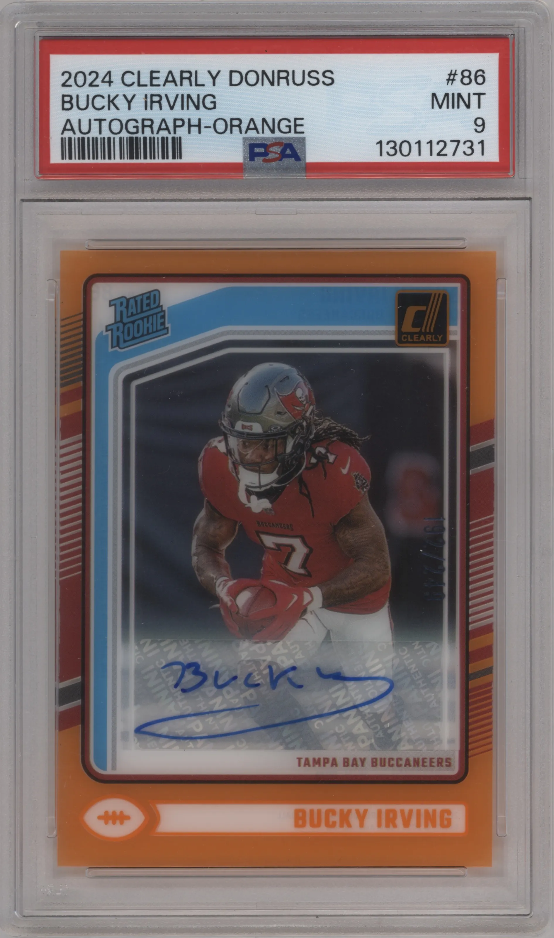 2024 Panini Clearly Donruss Clrly.Rtd.Rke.Auto Bucky Irving Orange #86 PSA 9