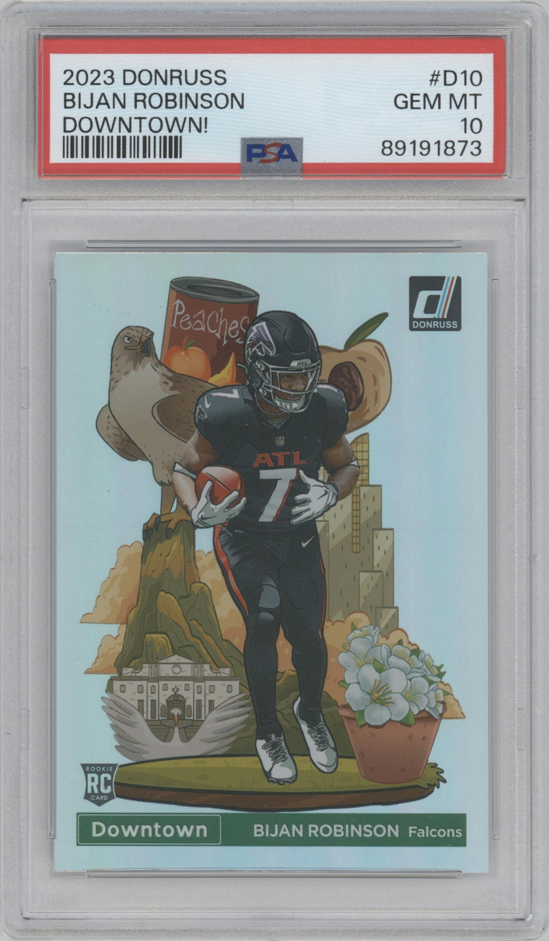 Bijan Robinson from the 2023 Panini Donruss set graded by PSA and given an overall grade of 10.