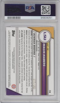 Malik Nabers from the 2023 Bowman Chrome University set featuring a Fuschia Mini-Diamond Refractor parallel graded by PSA and given an overall grade of 9.