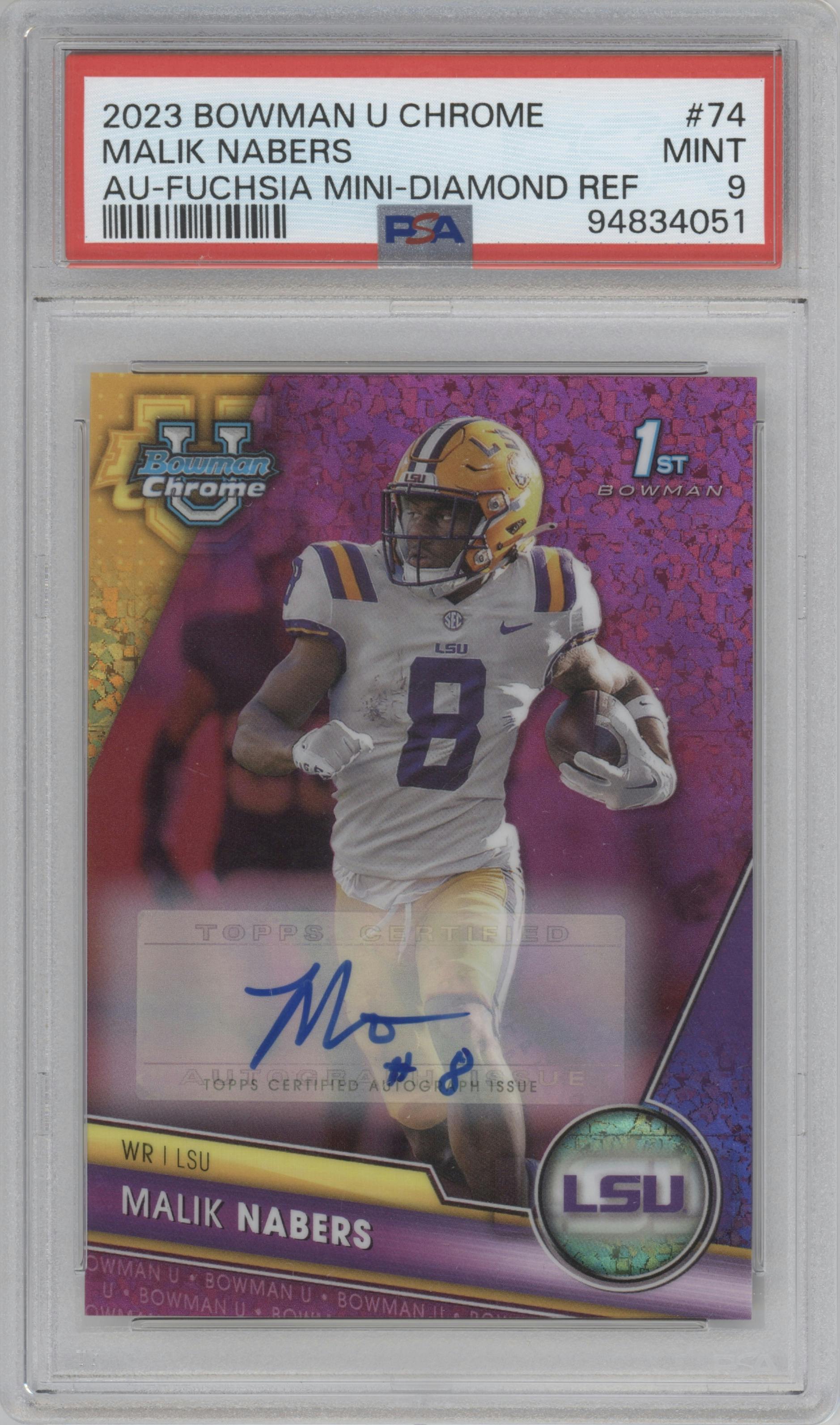 Malik Nabers from the 2023 Bowman Chrome University set featuring a Fuschia Mini-Diamond Refractor parallel graded by PSA and given an overall grade of 9.