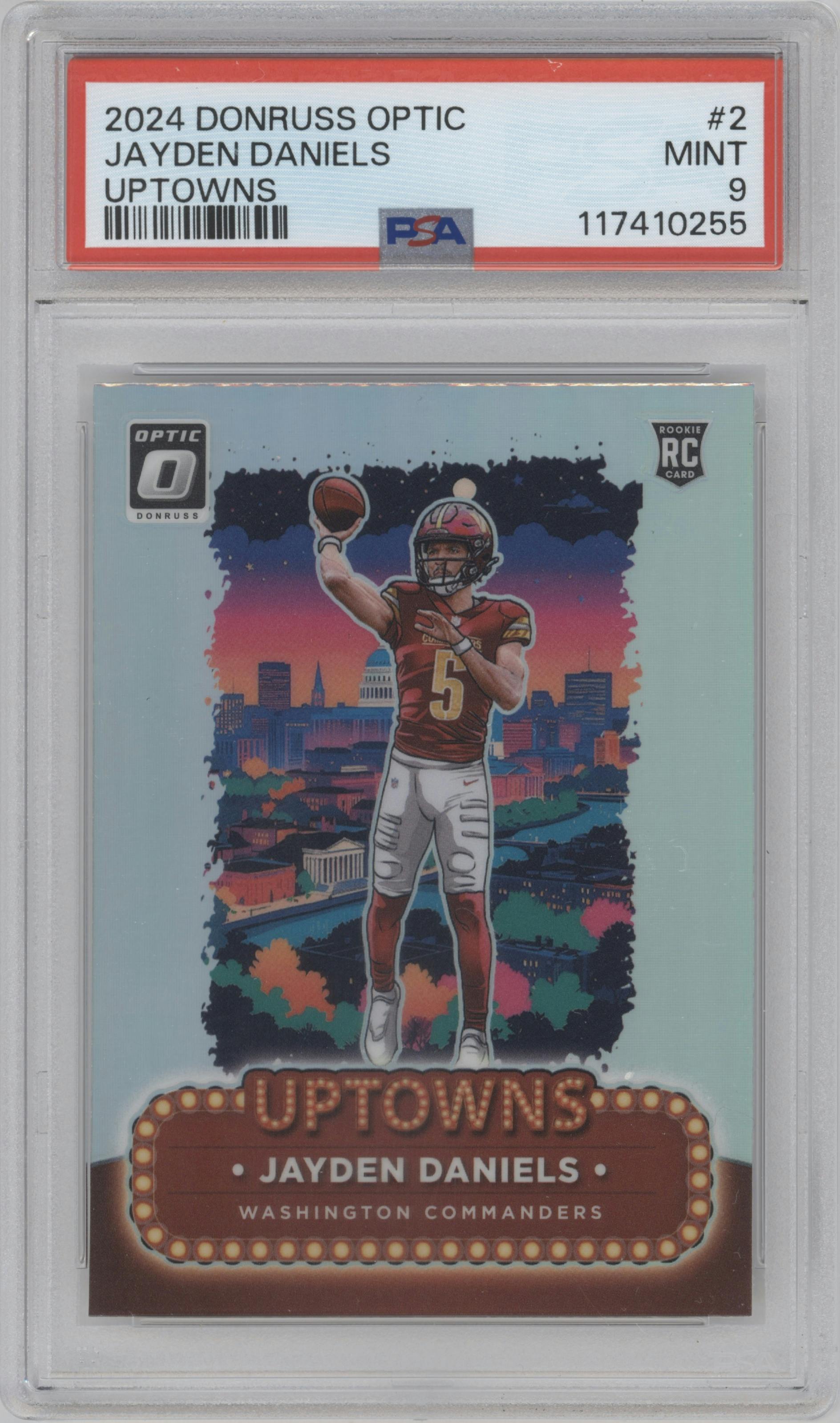 Jayden Daniels from the 2024 Donruss Optic set graded by PSA and given an overall grade of 9.
