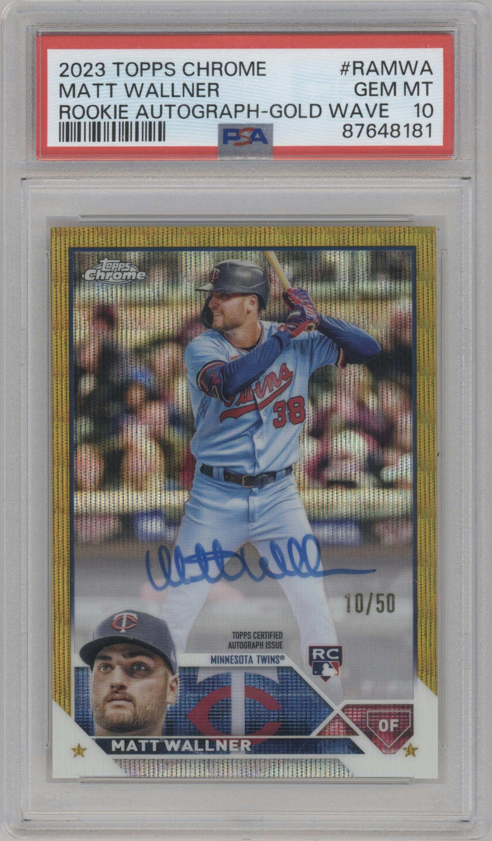 Matt Wallner from the 2023 Topps Chrome set featuring a Gold Wave Refractor parallel graded by PSA and given an overall grade of 10.