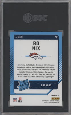 Bo Nix from the 2024 Donruss set featuring a Red and Green parallel graded by SGC and given an overall grade of 10.