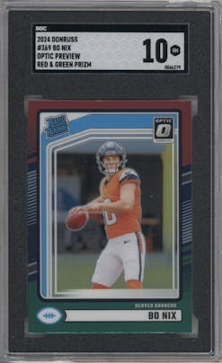 Bo Nix from the 2024 Donruss set featuring a Red and Green parallel graded by SGC and given an overall grade of 10.