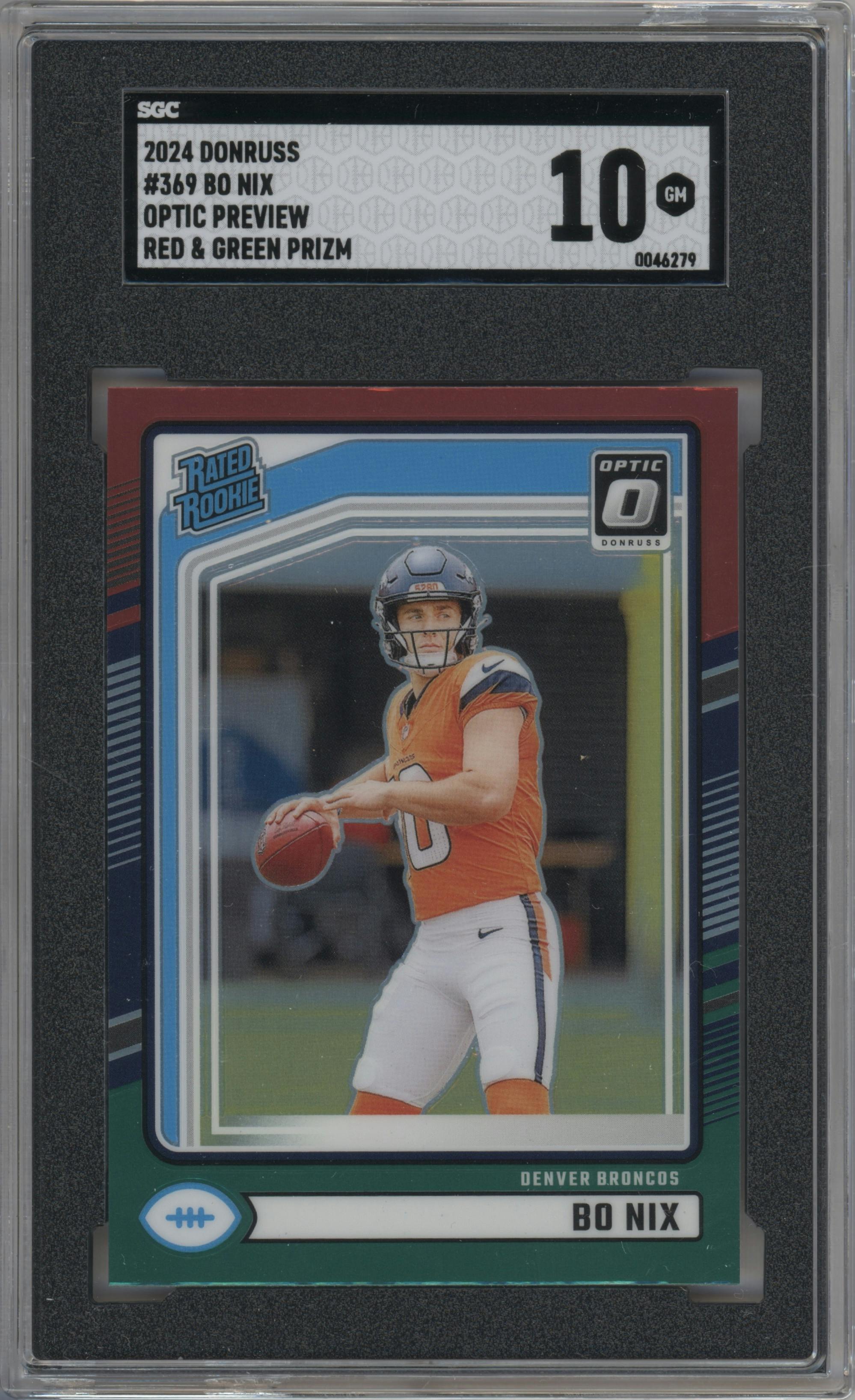 Bo Nix from the 2024 Donruss set featuring a Red and Green parallel graded by SGC and given an overall grade of 10.