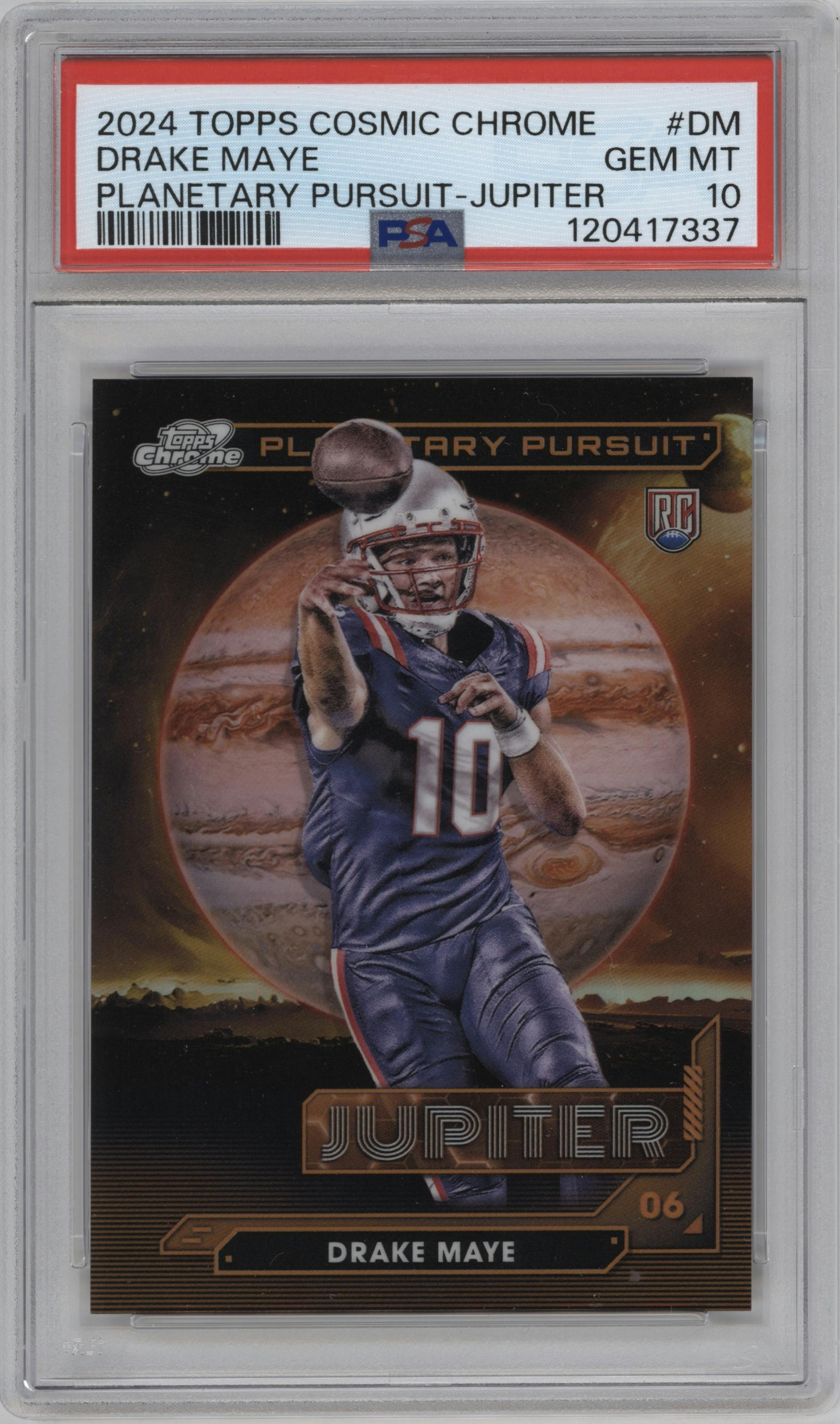 Drake Maye from the 2024 Topps Cosmic Chrome set graded by PSA and given an overall grade of 10.