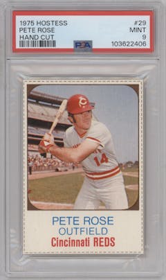 Pete Rose from the 1975 Hostess set featuring a Hand Cut parallel graded by PSA and given an overall grade of 9.
