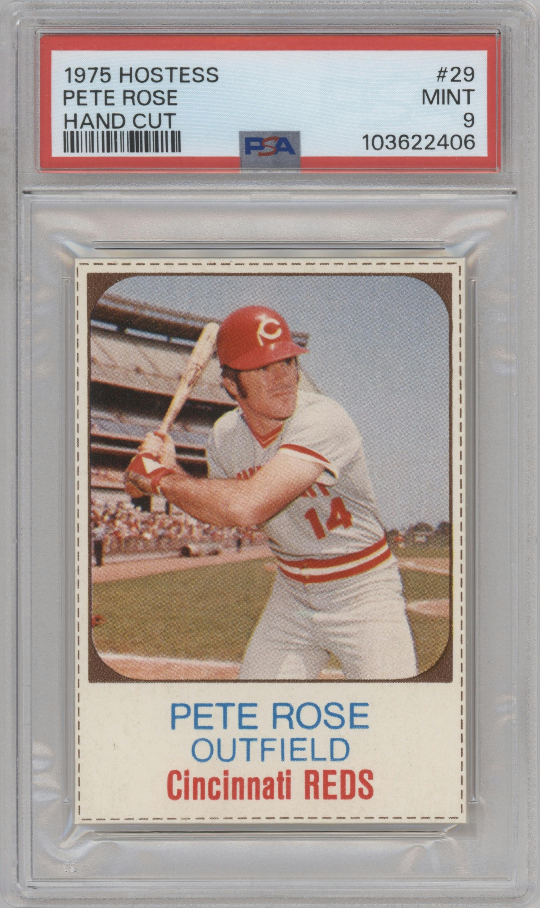 Pete Rose from the 1975 Hostess set featuring a Hand Cut parallel graded by PSA and given an overall grade of 9.