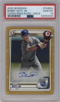 Bobby Witt Jr. from the 2020 Bowman set featuring a Gold parallel graded by PSA and given an overall grade of 10.