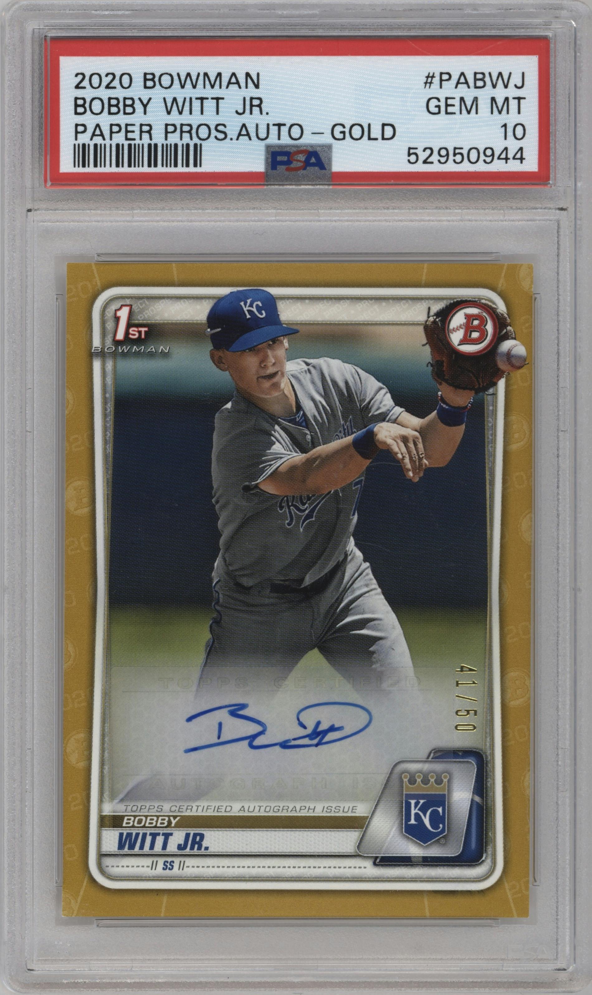 Bobby Witt Jr. from the 2020 Bowman set featuring a Gold parallel graded by PSA and given an overall grade of 10.