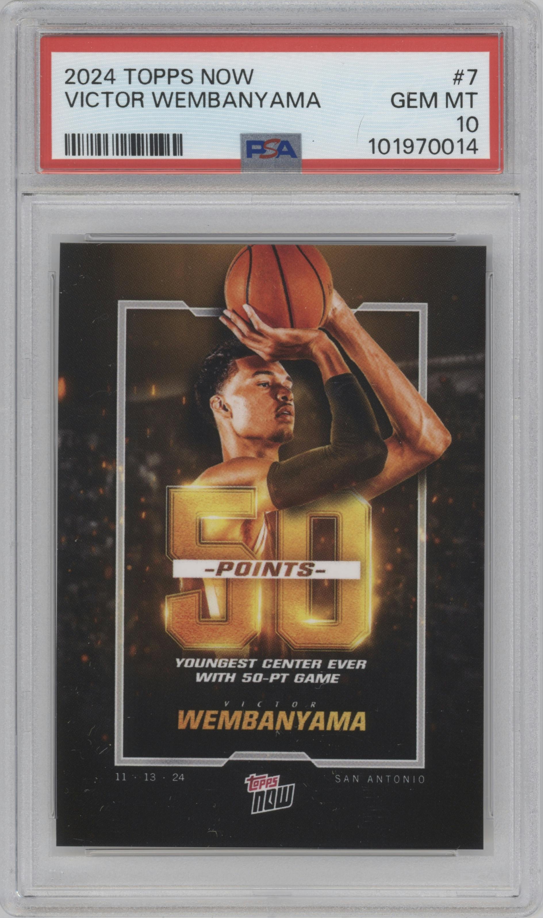 Victor Wembanyama from the 2024-25 Topps Now set graded by PSA and given an overall grade of 10.