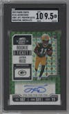 Jayden Reed from the 2023 Panini Zenith set featuring a Green parallel graded by SGC and given an overall grade of 9.5.