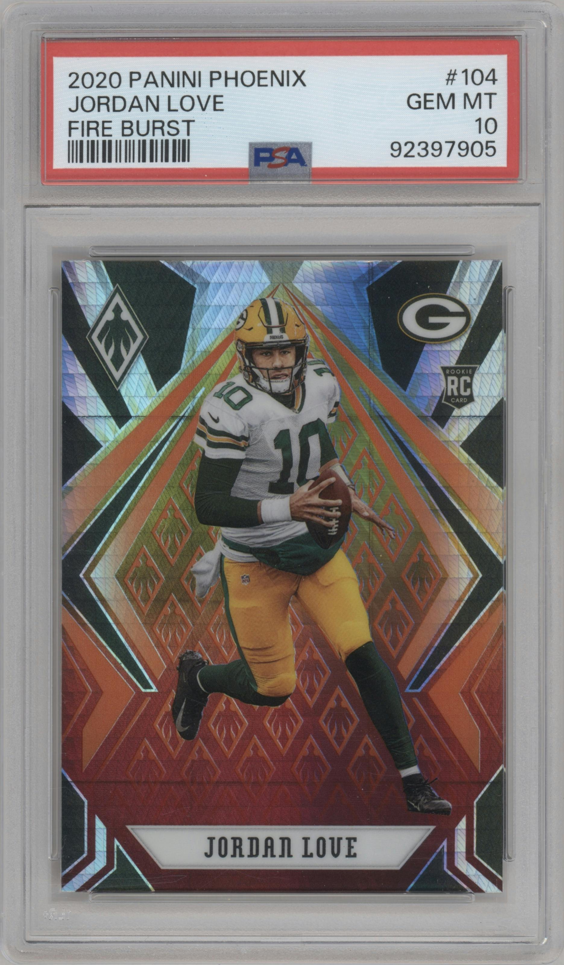 Jordan Love from the 2020 Panini Phoenix set featuring a Fire Burst parallel graded by PSA and given an overall grade of 10.