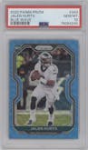 Jalen Hurts from the 2020 Panini Prizm set featuring a Blue Wave parallel graded by PSA and given an overall grade of 10.
