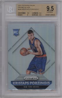 Kristaps Porzingis from the 2015-16 Panini Prizm  set featuring a Silver Prizm parallel graded by Beckett and given an overall grade of 9.5.