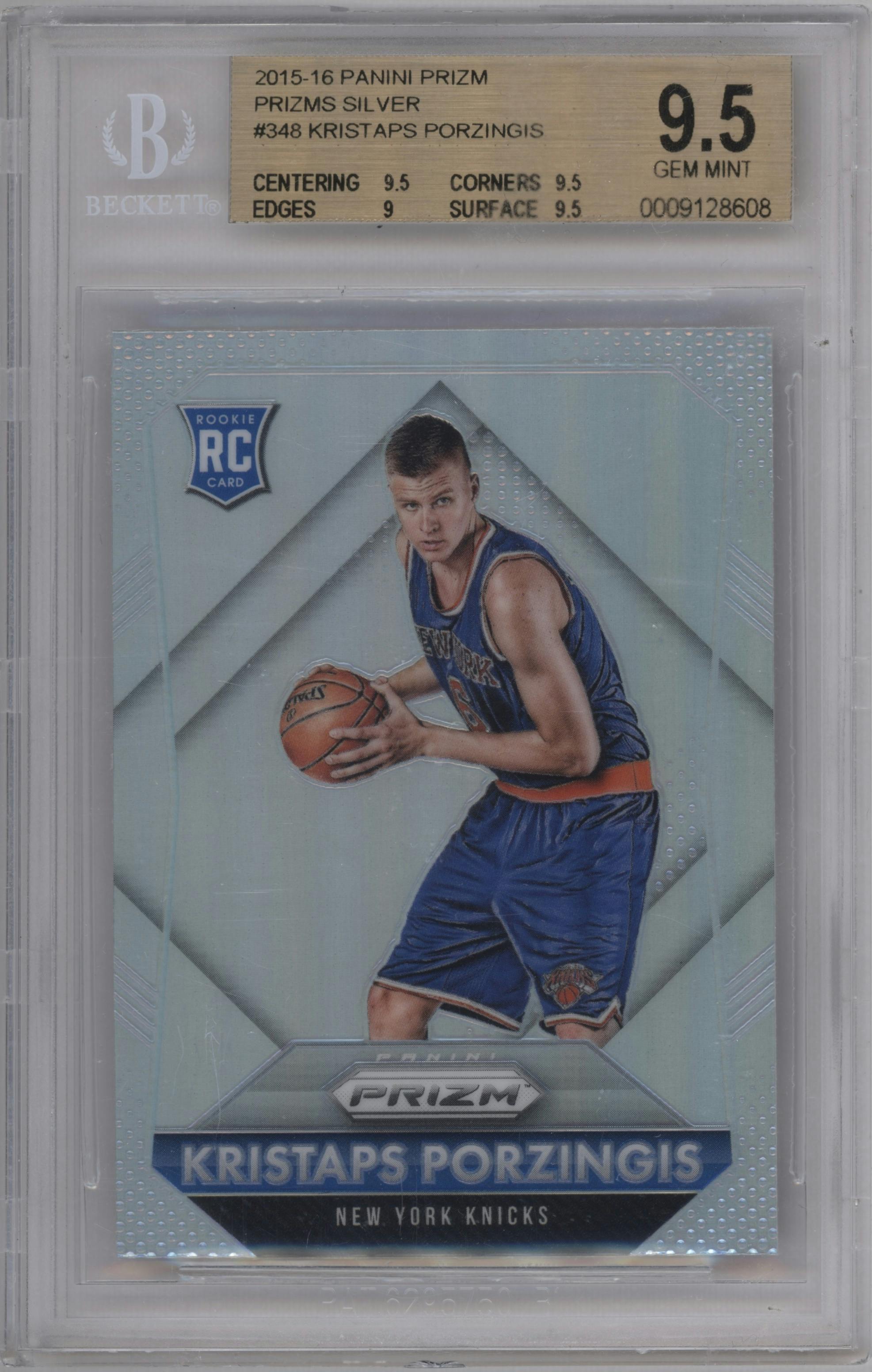 Kristaps Porzingis from the 2015-16 Panini Prizm  set featuring a Silver Prizm parallel graded by Beckett and given an overall grade of 9.5.