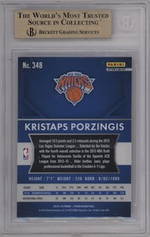 Kristaps Porzingis from the 2015-16 Panini Prizm  set featuring a Silver Prizm parallel graded by Beckett and given an overall grade of 9.5.
