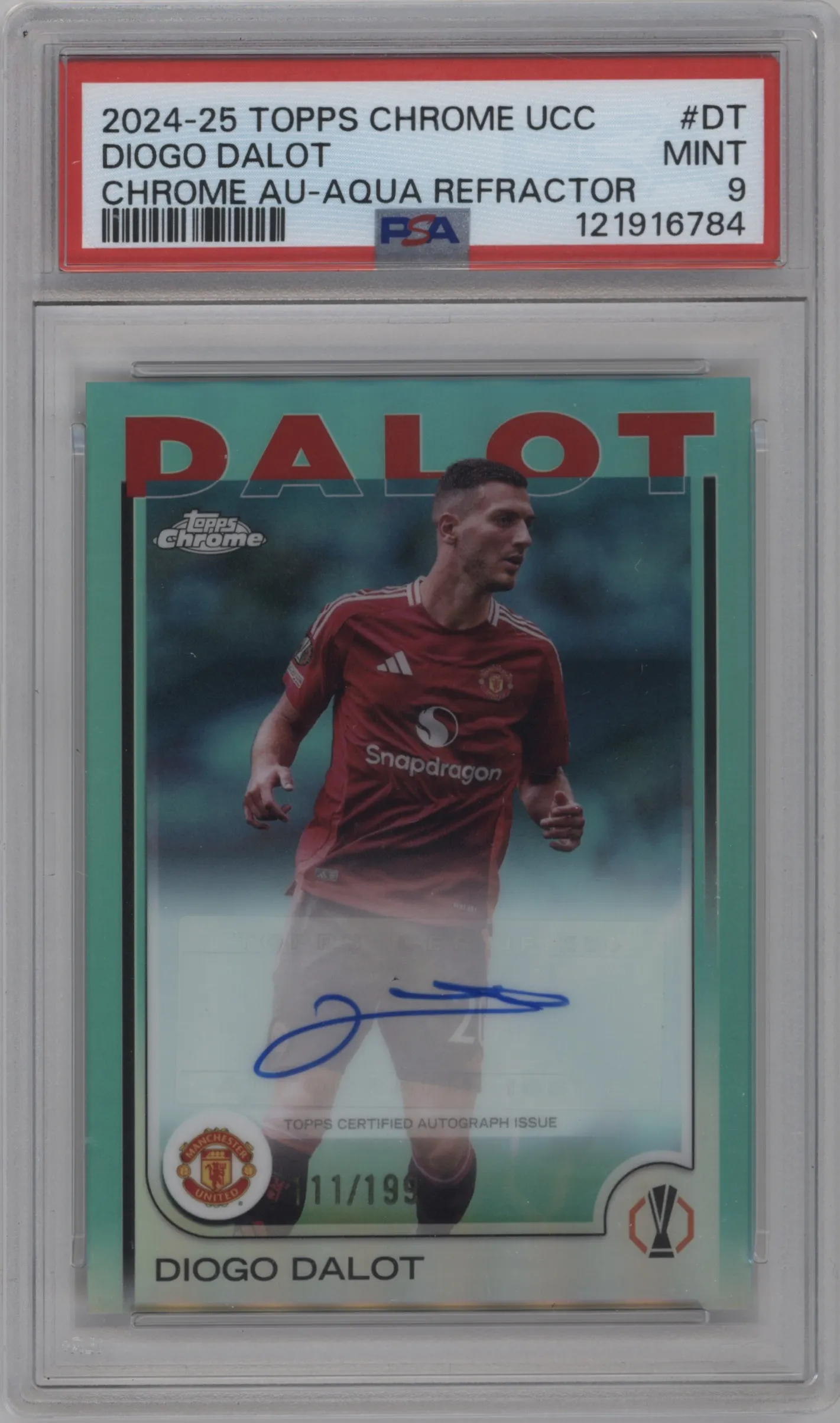 2024 Topps Chrome UEFA Club Competitions Chrome Auto Diogo Dalot Aqua Refractor PSA 9